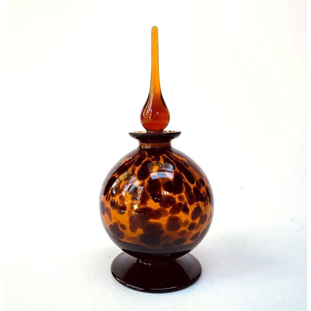 Vintage Hand Blown Tortoiseshell Art Glass Decanter Stopper Bottle Amber Brown